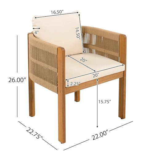 Christopher Knight Home Levi Set of 2 Outdoor Dining Chairs, Acacia Wood Patio Dining Room Chair with Waterproof Cushions, Rope-Wrapped Accents, Comfy Poolside Kitchen Chairs, Teak + Beige