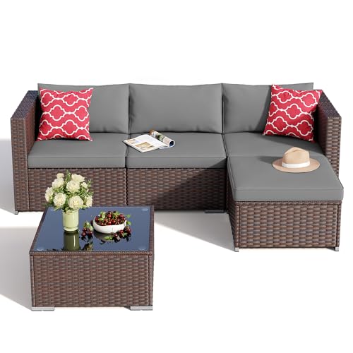 Aiho 5 Pieces Patio Furniture Set All-Weather Outdoor Wicker Sectional Patio Furniture with Cushion and Glass Table (Grey)