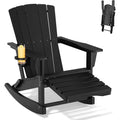 Polyhouz Adirondack Rocking Chair with Retractable Ottoman,Outdoor Folding Adirondack Chair with Cup Holder,HDPE All-Weather Patio Lounge Chair for Porch,Lawn, Poolside, Black