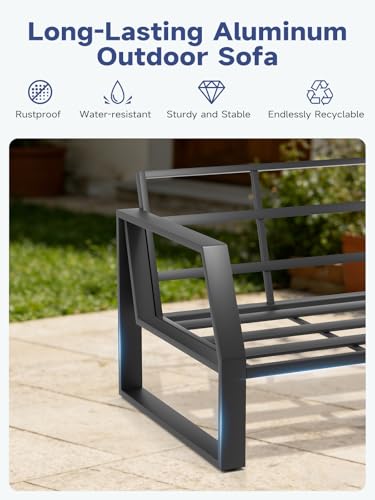 knocetx Oversized Outdoor Modern Patio Sofa for 3, 5" Thick Cushions, Deep Seat & Wide Armrests, Comfortable Aluminum All-Weather Rustproof UV-Resistant Frame for Garden, Backyard, Porch
