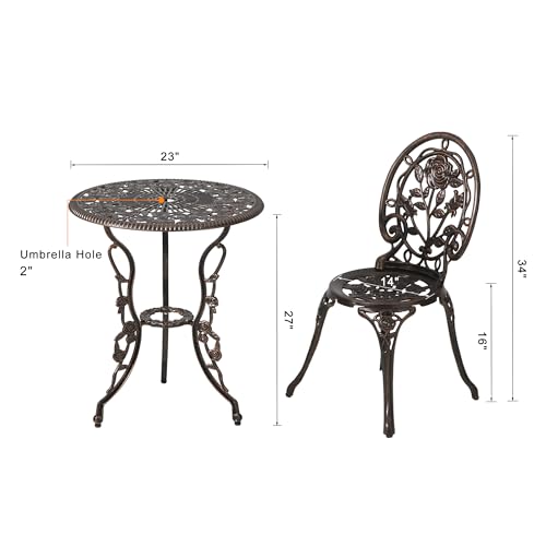 HOMEFUN Bistro Table and Chairs Set of 2 Outdoor 3 Piece Patio Set, Rose Pattern Cast Aluminum Bistro for Garden Balcony, Durable Rust All-Weather Resistance, Rose Bronze