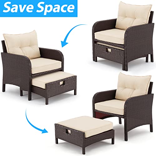 AVAWING 5 Pieces Patio Furniture Set, Outdoor Rattan Chairs with Tempered Glass Coffee Table, Ottomans & Soft Cushions, Wicker Conversation Bistro Set for Garden, Deck, Balcony, Poolside(Khaki)