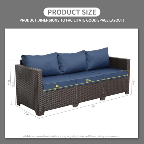 Rattaner 3-Seat Patio Wicker Sofa, Outdoor Rattan Couch Furniture Steel Frame with Furniture Cover and Deep Seat High Back, Blue Anti-Slip Cushion.