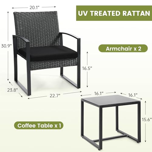 Murago 3-Piece Patio Bistro Set - Outdoor Rattan Conversation Chair Set with Glass Coffee Table & Cushions - Perfect for Balcony, Porch, Garden, Poolside, Black/Black
