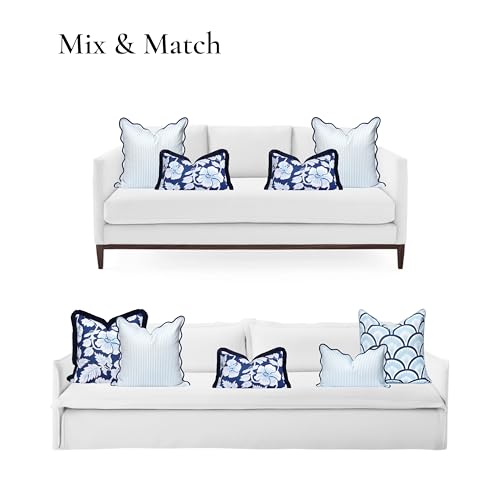 Hofdeco Premium Coastal Patio Indoor Outdoor Scalloped Throw Pillow Cover Only, 20"x20" Water Repellent for Backyard, Couch, Baby Blue Print Stripes