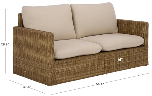 SAFAVIEH Outdoor Patio Furniture Collection – Emma Natural Rattan & Taupe Cushion Sofa, Modern Outdoor Seating (PAT7564A)