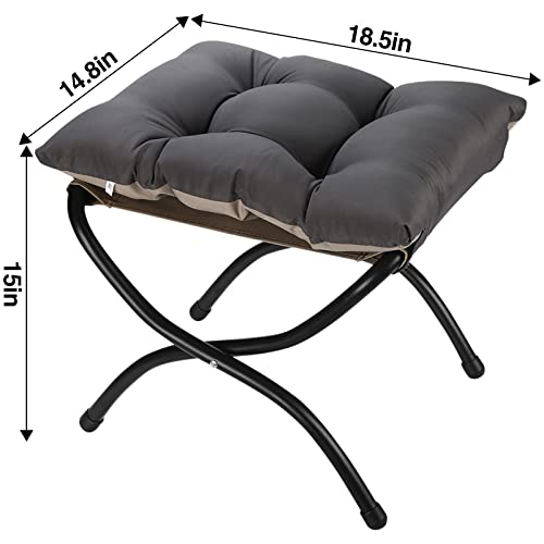 WELL-STRONG 15" Foldable Foot Stool Ottoman with Metal Frame - Washable Dark Grey Upholstered Indoor/Outdoor Footrest for Living Room, Bedroom, Patio - Space-Saving Compact Design