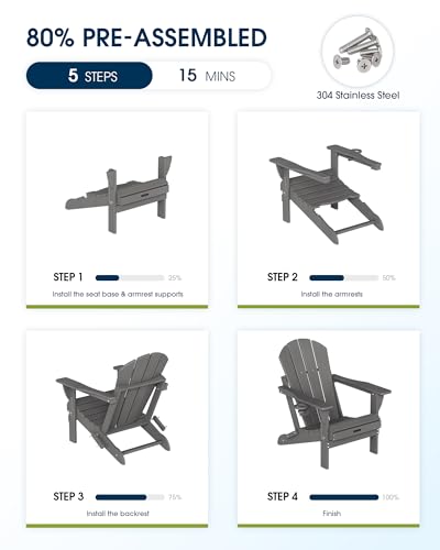 MUCHENGHY Folding Adirondack Chairs Set of 2 HDPE Weather Resistant, Patio Firepit Chairs, Sturdy Outside Chairs, Lawn Chairs, 15min Assembly 380lb Grey