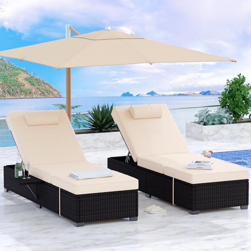 PeakPursuit Patio Lounge Chairs,Outdoor PE Wicker Chaise Lounge Set of 2,Chaise Lounge Chair Outdoor，Pool Furniture,Brown Rattan Recliners with Adjustable Backrest,Storage Table,Beige