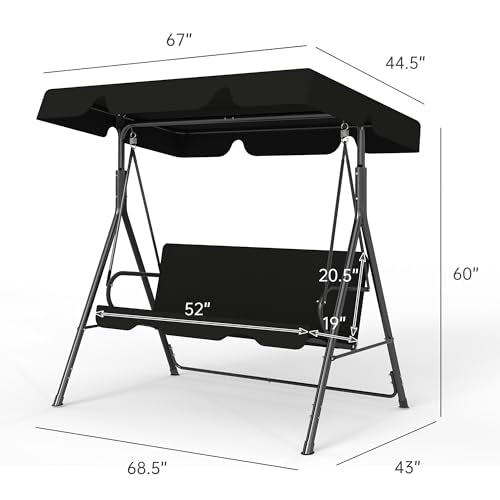 Murago Outdoor Patio Swing Chair with Adjustable Canopy, Outdoor Patio Glider Swing with Heavy Duty Stand for 3 Adult Persons, Ideal for Deck, Lawn, Backyard, or Porch, Black