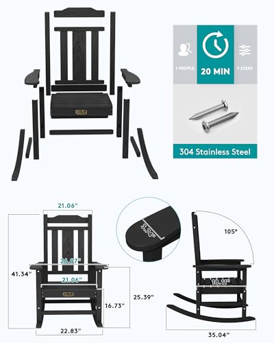 SERWALL Oversized Rocking Chair Outdoor, HDPE Outdoor Rocking Chair for Adults, Heavy Duty Front Porch Rocker Black