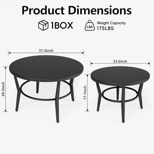ALAULM Patio Round Coffee Table Set of 2, Outdoor Large Side Table-Weather Resistant Metal Steel for Patio, Backyard, Pool,Lawn(Black)