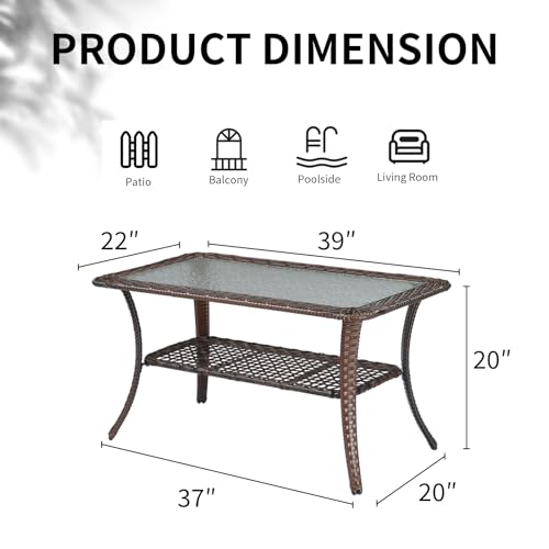 VINGLI Outdoor Coffee Table with Storage Wicker Patio Coffee Table, Tempered Glass Top Coffee Table for Patio Outside Balcony Porch Deck (Brown)