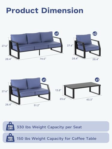 knocetx Oversized Outdoor Modern Patio Sofa for 3, 5" Thick Cushions, Deep Seat & Wide Armrests, Comfortable Aluminum All-Weather Rustproof UV-Resistant Frame for Garden, Backyard, Porch
