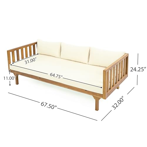 Christopher Knight Home Claremont Patio Sofa and Coffee Table Set, 2 Piece Outdoor Patio Furniture Set with Cushion, Acacia Wood 3 Seater Outdoor Sofa Daybed and Coffee Table Set, Teak+Beige