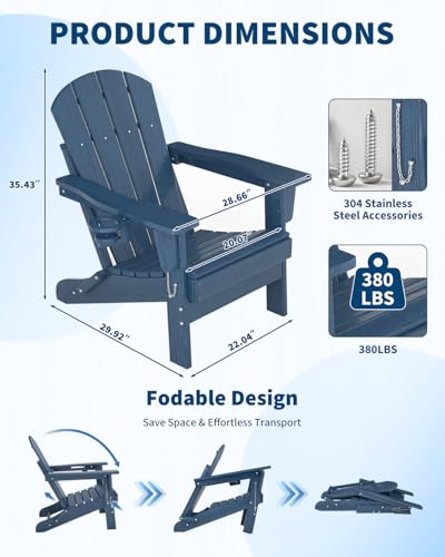 GarveeLife Folding Adirondack Chair Set of 2 with Side Table, All-Weather HDPE Outdoor Chair, Wooden Textured with Cup Holder for patios, Decks, Gardens, fire pits, Navy Blue