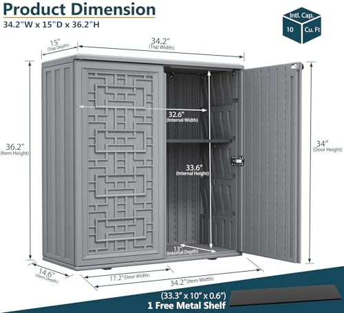 HOMSPARK Indoor/Outdoor Storage Cabinet with Doors and Shelf, 34”x15”x36” HDPE Plastic Storage Box Waterproof for Patio, Garden, Balcony, Multi-Purpose for Daily Tools, Grey