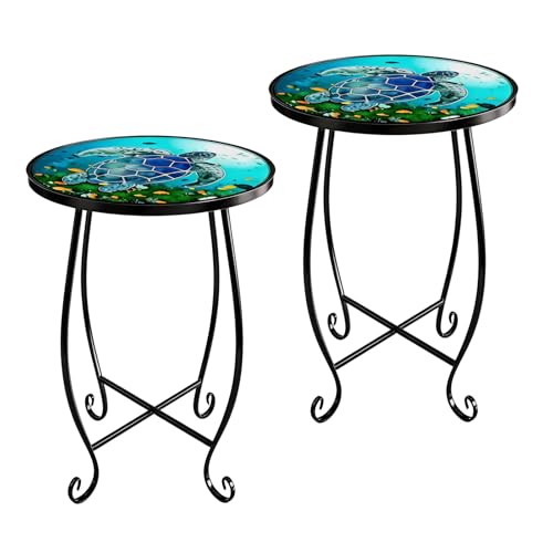 Kaesithar 2-Pack 15 Inch Tall Mosaic Patio Side Tables Style, Metal Folding Turtle Table Set, Shatterproof Outdoor Patio Table for Porch Deck, Rust Resistant Small Garden Table (Set of 2)