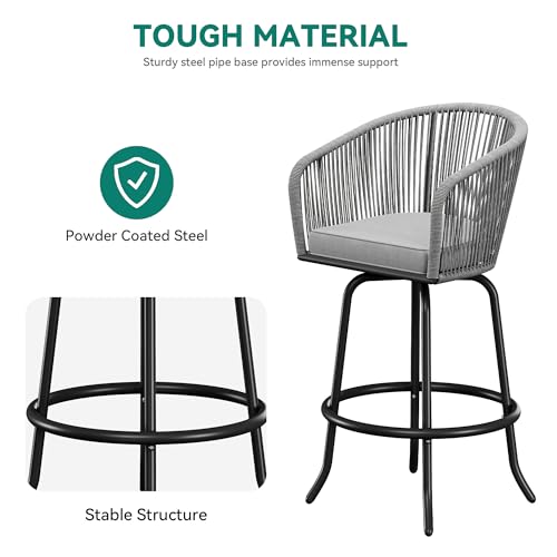 YITAHOME Counter Height Bar Stools Set of 4, Outdoor Bar Stools with Soft Cushions, Patio Rattan Swivel Bar Chairs for Backyard Poolside, Garden w /360 Rotation (Gray)
