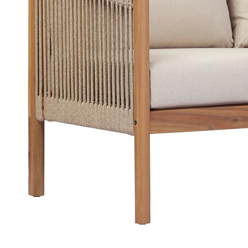 Christopher Knight Home Bubi 5-Seater Patio Furniture Set with Cushion, 4 Piece Outdoor Acacia Wood Conversation Set, Sold Wood Outdoor Sectional Sofa Set with Coffee Table, Teak+Beige