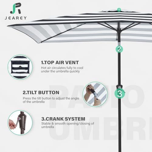 JEAREY 6.5x10 ft Rectangular Patio Umbrellas Rectangle Outdoor Umbrella with Push Button Tilt and Crank, Market Table Umbrella 6 Sturdy Ribs UV Protection for Poolside Garden Backyard Deck, Black-White Stripe