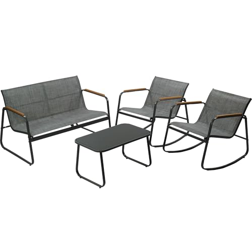 Kozyard 4-Piece Outdoor Patio Furniture Set with Textilene Chairs, Metal Conversation Set, Tempered Glass Coffee Table, Powder-Coated Steel Frame for Garden, Poolside, Backyard Gray