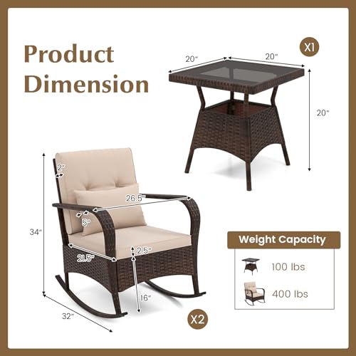 COSTWAY Outdoor Rocking Chairs Set of 2, 3 Piece PE Wicker Patio Bistro Set with Coffee Table & Thick Cushions, Rattan Patio Rocker Furniture for Front Porch Lawn Garden Backyard Deck Poolside (Beige)