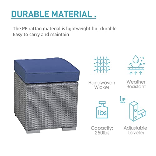 Patiorama 2 Pieces Assembled Outdoor Patio Ottoman, Indoor Outdoor All-Weather Grey Wicker Rattan Outdoor Footstool Footrest Seat w/Navy Blue Cushions,Outdoor Ottoman for Patio,No Assembly Required
