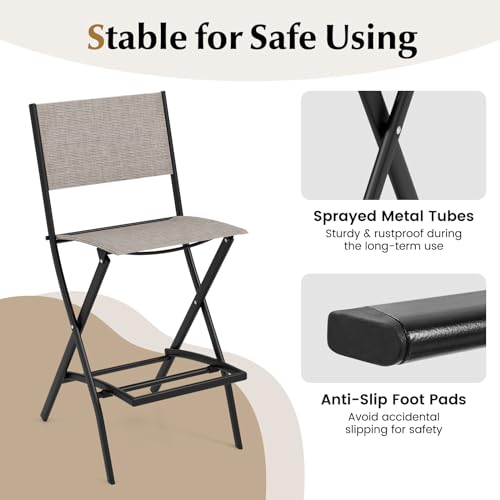 COSTWAY Outdoor Patio Bar Chair Set of 4, Folding Counter Height Stool with Metal Frame & Footrest, Patio Bar Stool for Balcony, Garden & Poolside (4, Coffee)
