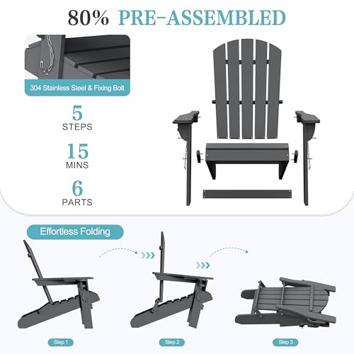 Shintenchi Folding Adirondack Chairs Set of 2,HDPE All-Weather Patio Chairs with Cup Holder & Phone Holder,Wooden Textured Fire Pit Chairs for Patio,Outside,Deck,Backyard,Dark Grey
