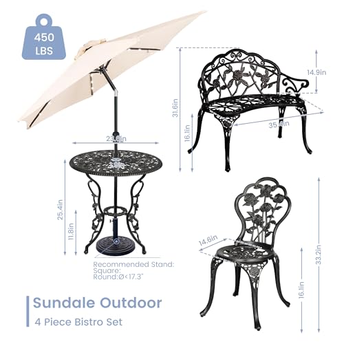 Sundale Outdoor Cast Aluminum Bistro Set of 4, Patio Conversation Set with Umbrella Hole for Balcony All Weather Resistant Antique Finish Patio Porch Yard Black Rose