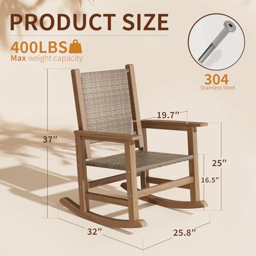 RICNOD HDPE Rocking Chair Outdoor 1 PCS, Wicker Rocking Chair for Patio, Woven Seat & Back, All Weather Rocking Chair for Front Porch, Garden, Lawn and Balcony (Brown)