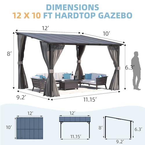 AECOJOY Wall Gazebo 12’ x 10’ with Curtains and Mosquito Netting, 10'x12' Hard Top Gazebos Pergola on Clearance, Outdoor Patio Lean to Gazebo Canopy Awnings for Deck, Porch, Backyard and Outside