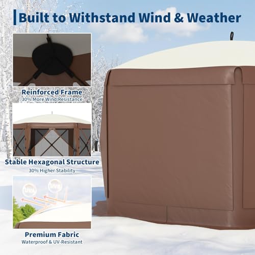GarveeLife 11.5x11.5FT 6-Sided Pop Up Gazebo Tent，One-Push Setup Canopy Tent with Mesh Panels & Removable Wind Cloths, Outdoor shelter for Camping, Backyard Parties, Outdoor Events - Beige & Khaki
