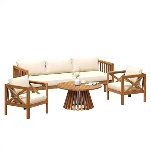 Merax Outdoor 4-Piece Acacia Wood Conversation Set - Patio 3-Seat Loveseat Sofa w/Coushion, 2 Armchair and Round Coffee Table for Backyard, Lawn, Balcony, Teak + Beige