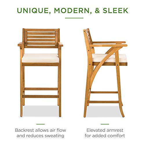 Best Choice Products Set of 2 Outdoor Acacia Wood Bar Stools Bar Chairs for Patio, Pool, Garden w/Weather-Resistant Cushions - Cream