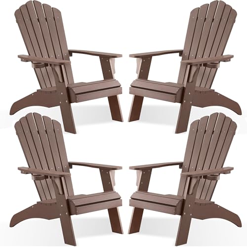 Psilvam Adirondack Chair, Oversized Poly Lumber Fire Pit Chair with Cup Holder, 350Lbs Support Patio Chairs for Garden, Weather Resistant Outdoors Seating, Relaxing Gift for Father & Mother (4, Brown)