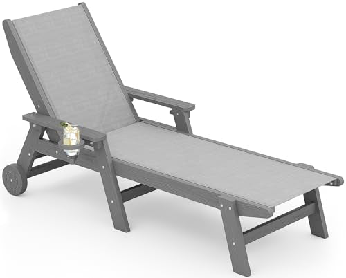 SERWALL Textilene Patio Chaise Lounge Chair, 5 Positions Adjustable Outdoor Lounger with Rolling Wheels for Pool, Deck, Gray