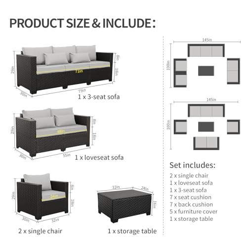 Rattaner 5-Piece Patio Furniture Sofa Set Outdoor Wicker Sectional Couch with Storage Table Non-Slip Cushions Furniture Covers, Grey