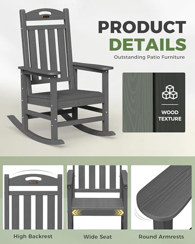 SUUNYN Oversized Outdoor Rocking Chair, HDPE All Weather Resistant Patio Rocking Chair, High Back Porch Rocking Chair, 380lbs Weight Capacity, Dark Grey