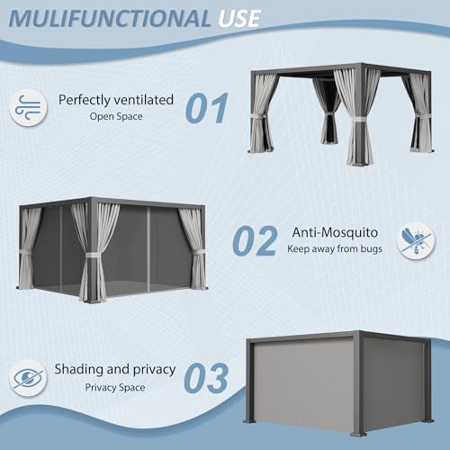 Aoxun Louvered Pergola 12' x 14' Aluminum Outdoor Pergola with Independent Adjustable Roofs, Curtains and Netting, Built-in Drainage System for Patios & Backyards, Rust Resistant Frame