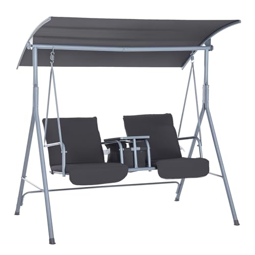 Outsunny 2 Person Porch Swing with Stand, Outdoor Swing with Canopy, Pivot Storage Table, 2 Cup Holders, Cushions for Patio, Backyard, Gray