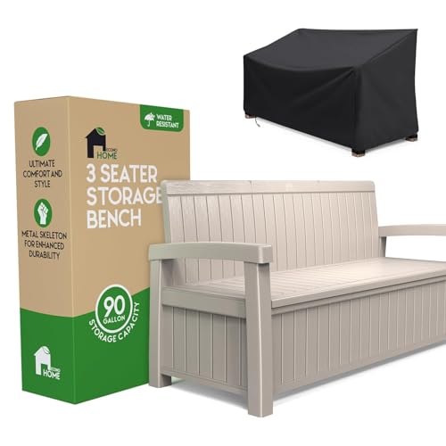 EconoHome 3 Seat Outdoor Storage Bench with Rain Cover - 90 Gallon Capacity - Weatherproof Resin Bench for Patio, Porch, Garden, Yard, Pool Area