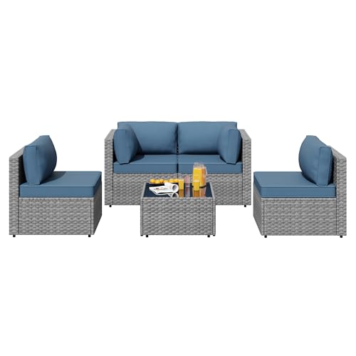 SUNLEI Outdoor Patio Furniture Set 5 Pcs, Rattan Balcony Furniture with Backrest Glass Table & Washable Cushions Small Conversation Patio Set with Sectional Design (Silver/Navy Blue)