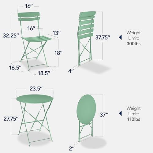 Best Choice Products 3-Piece Bistro Set, Space Saving Folding Design, Solid Steel, Outdoor Patio Furniture Set w/ 2 Chairs, Bistro Table - Sage