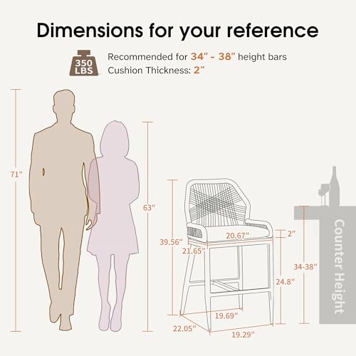 PURPLE LEAF Counter Height Bar Stools Set of 2 Rattan Woven Aluminum Modern Barstools with Back and Arms for Patio Balcony Pool Outdoor Accent Counter Stool Chairs