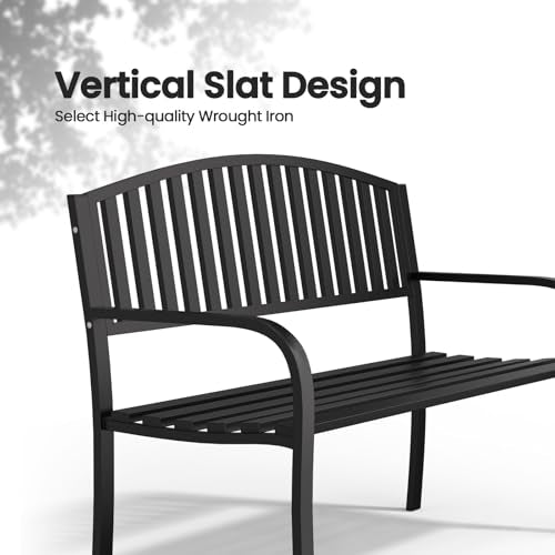 Granper Garden Bench, 50" Outdoor Bench, 660LBS Wrought Iron Porch Bench, Patio Bench with Armrests for Garden Lawn or Yard, Black