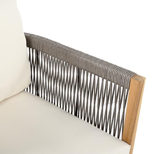 Christopher Knight Home Havets 77"W Outdoor 3 Seater Sofa, 6" Thick Cushion Couch, Acacia Wood Bench Sofa, Comfy Woven Rope Armchair, Spacious Seating Bench Couch for Backyard Garden Porch, Gray+Beige