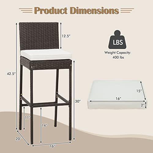 COSTWAY Outdoor Wicker Bar Stools Set of 4, 30'' Patio Bar Height Chairs with Cushion, Footrest and Backrest, Rattan Barstools for Backyard Poolside Deck (Brown)