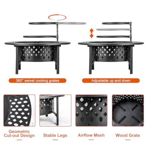 OutVue 36 Inch Fire Pit with 2 Grills, Wood Burning Fire Pits for Outside with Lid, Poker and Round Waterproof Cover, BBQ& Outdoor Firepit & Round Metal Table 3 in 1 for Patio, Picnic, Party